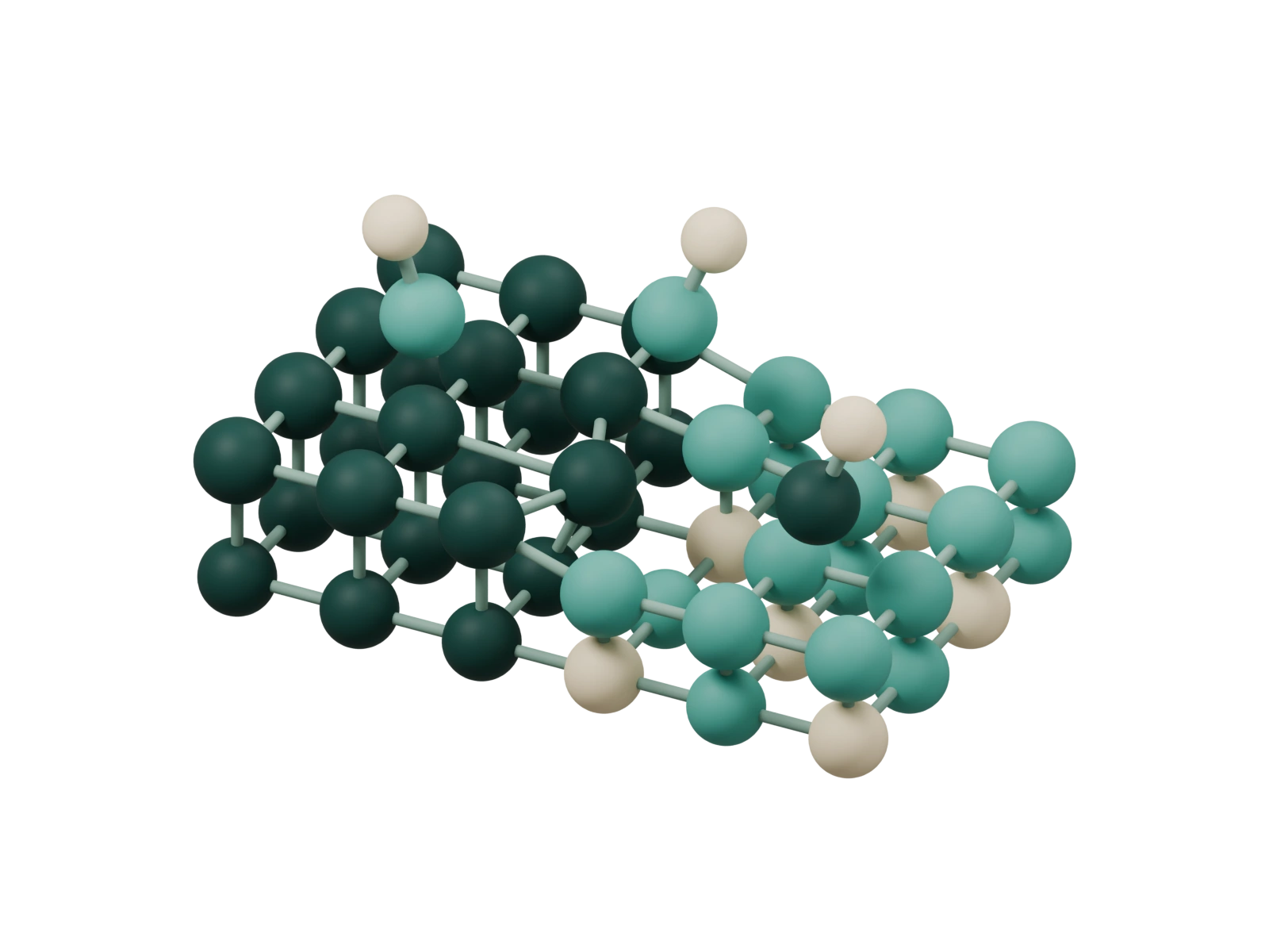 A stepped catalytic interface with surface atoms and adsorbates.